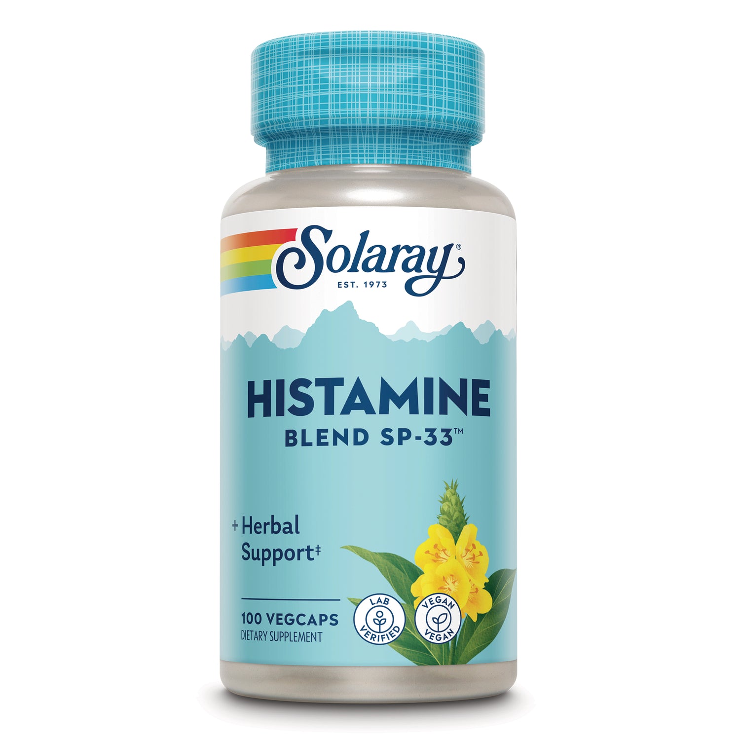 SLR518 | Solaray Histamine Blend SP-33 dietary supplement bottle, 100 vegcaps, teal label with yellow flower