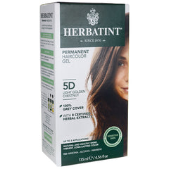 HBT014 | Herbatint permanent haircolor gel 5D Light Golden Chestnut box showing model with long brown hair