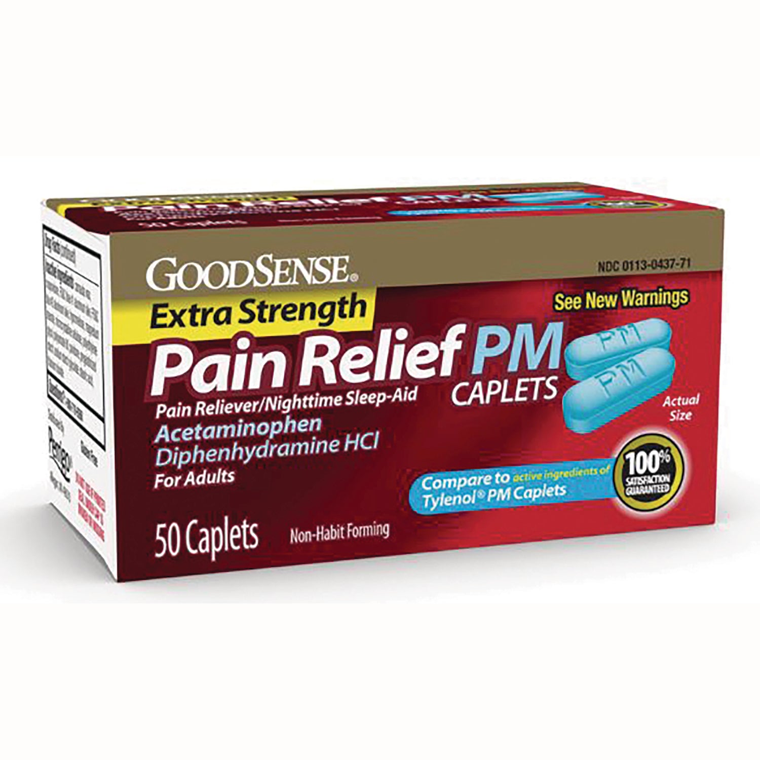 GDS003 | GoodSense Extra Strength Pain Relief PM caplets box, 50 count, lists Acetaminophen and Diphenhydramine HCl