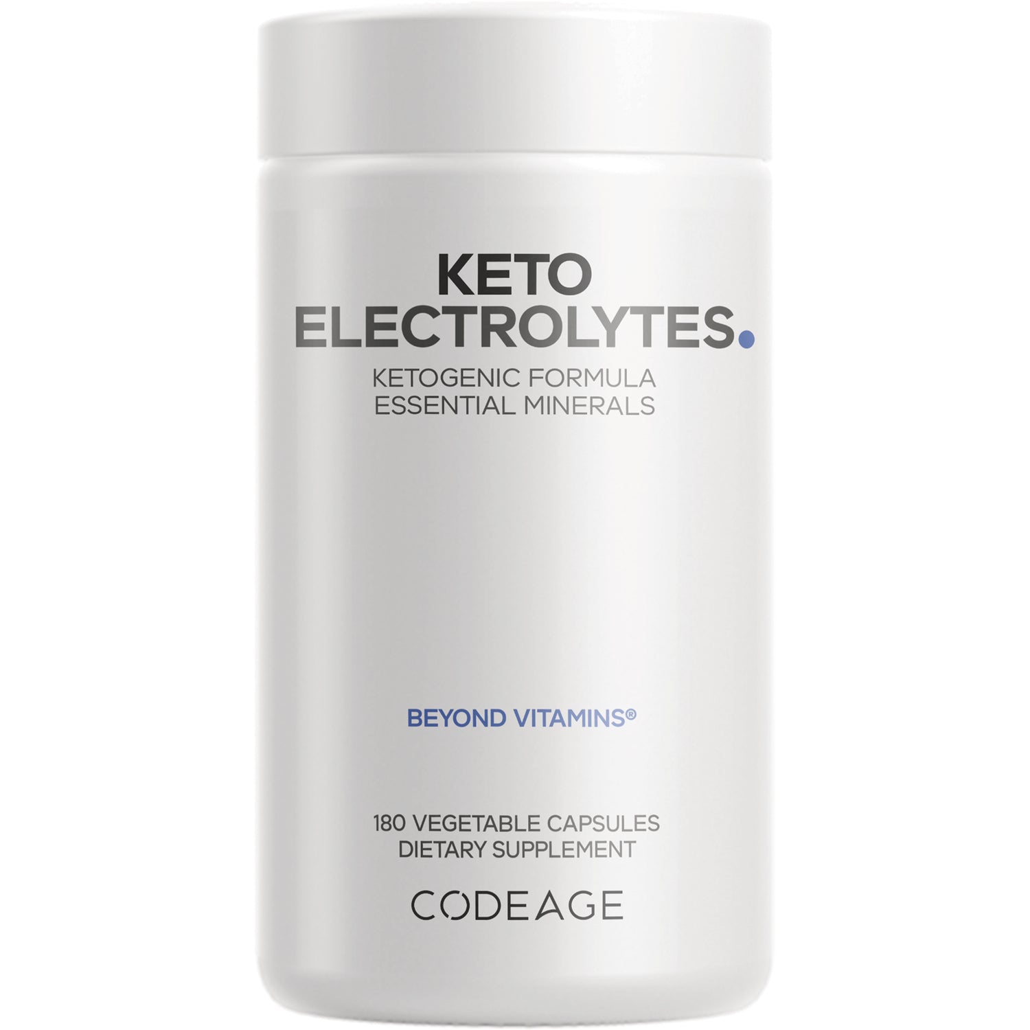 CDG007 | White bottle labeled KETO ELECTROLYTES ketogenic formula essential minerals, 180 vegetable capsules, CODEAGE