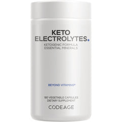 CDG007 | White bottle labeled KETO ELECTROLYTES ketogenic formula essential minerals, 180 vegetable capsules, CODEAGE