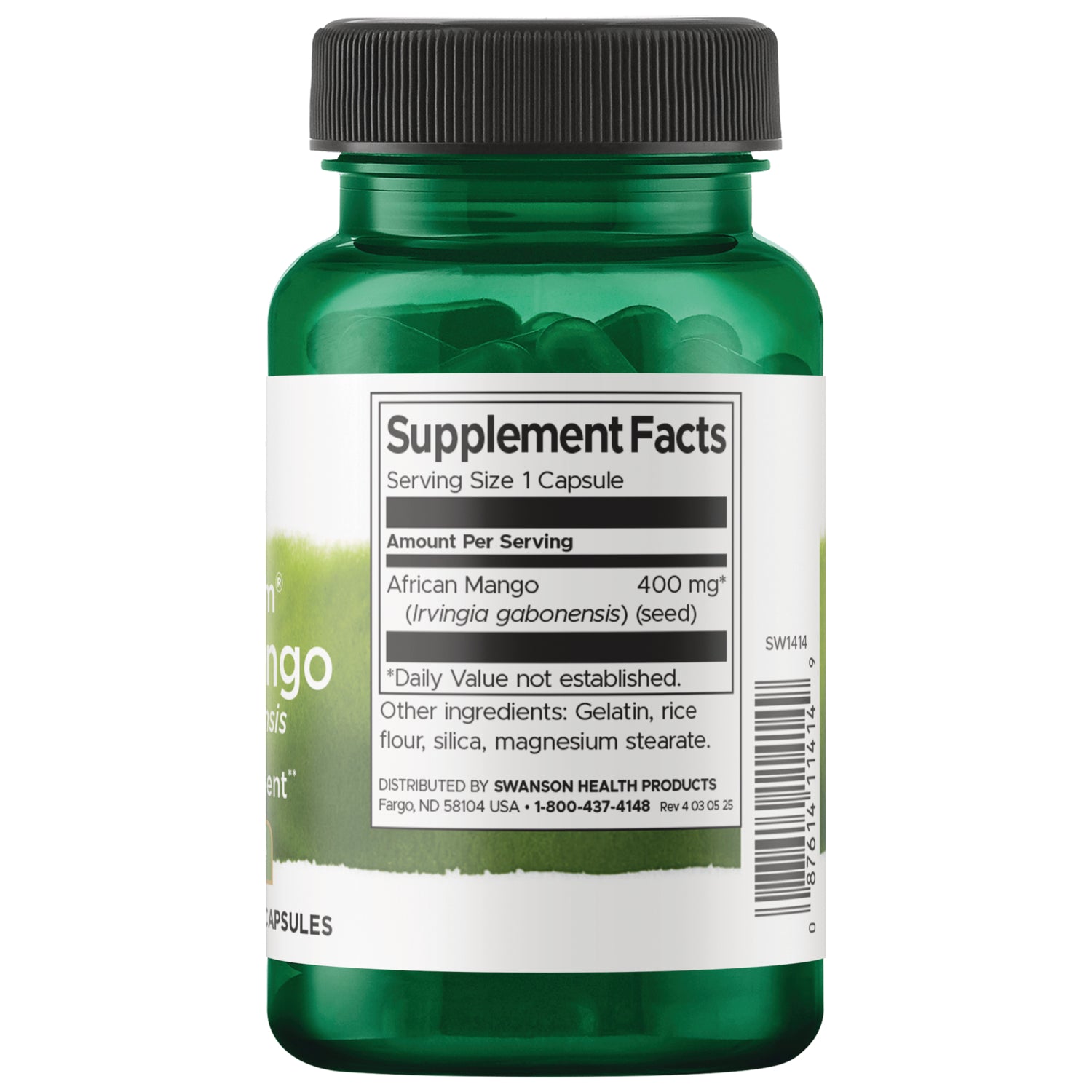 SW1414 | Back label with Supplement Facts for African Mango 400 mg and ingredients on green bottle