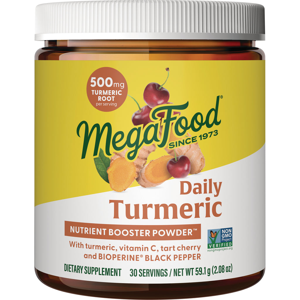 MGF051 | MegaFood Daily Turmeric nutrient booster powder jar front label showing 500 mg turmeric root and tart cherry - Thumbnail