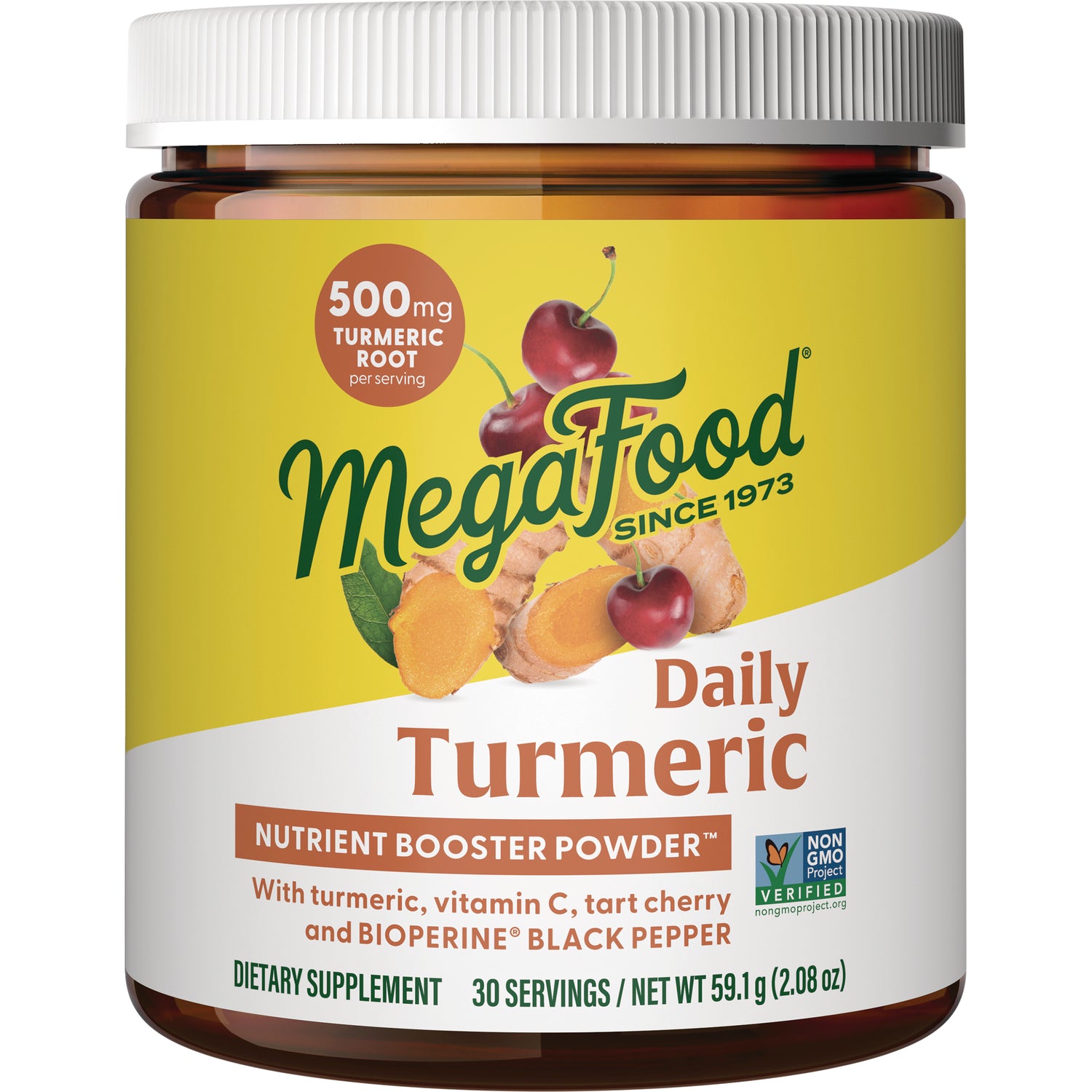 MGF051 | MegaFood Daily Turmeric nutrient booster powder jar front label showing 500 mg turmeric root and tart cherry