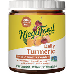 MGF051 | MegaFood Daily Turmeric nutrient booster powder jar front label showing 500 mg turmeric root and tart cherry