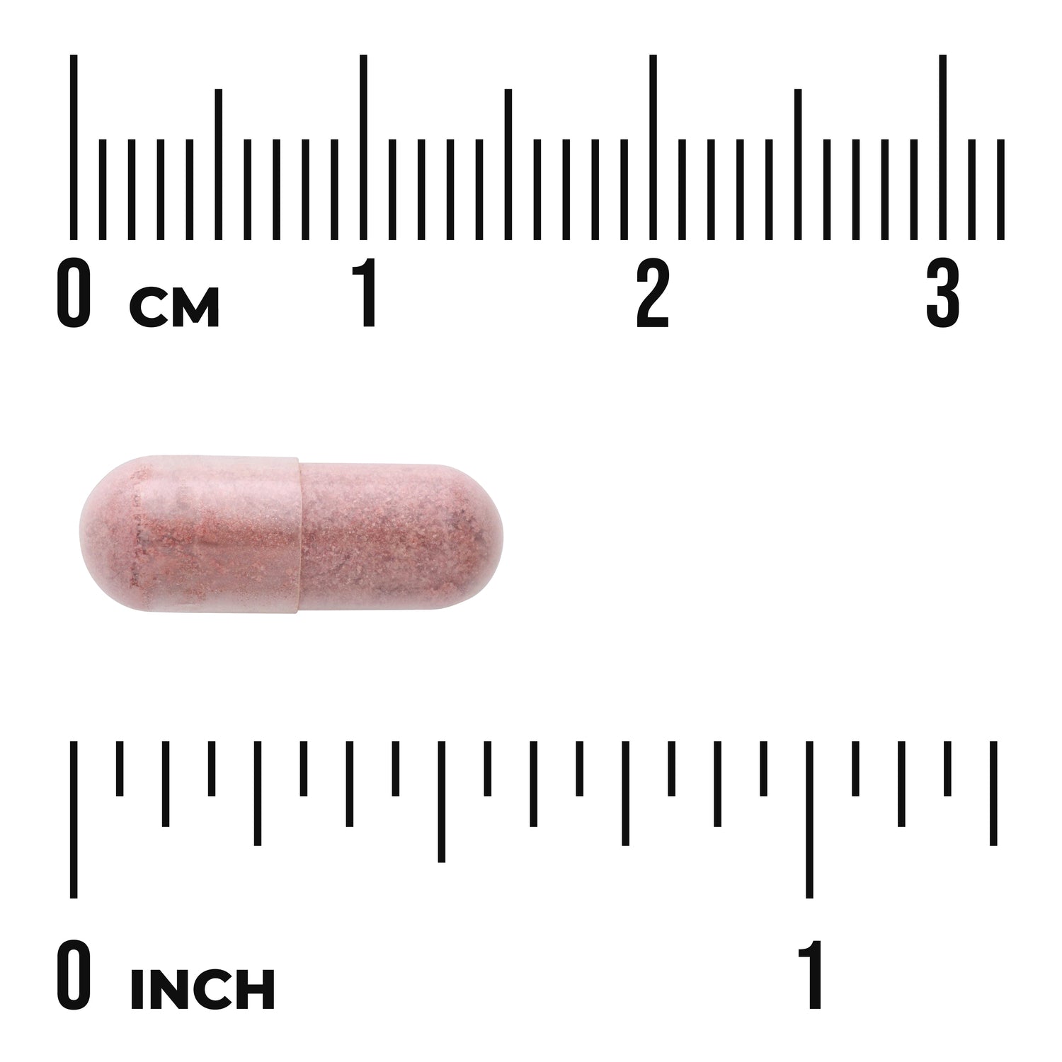 SWU818 | Pink capsule shown with size scale in cm and inches
