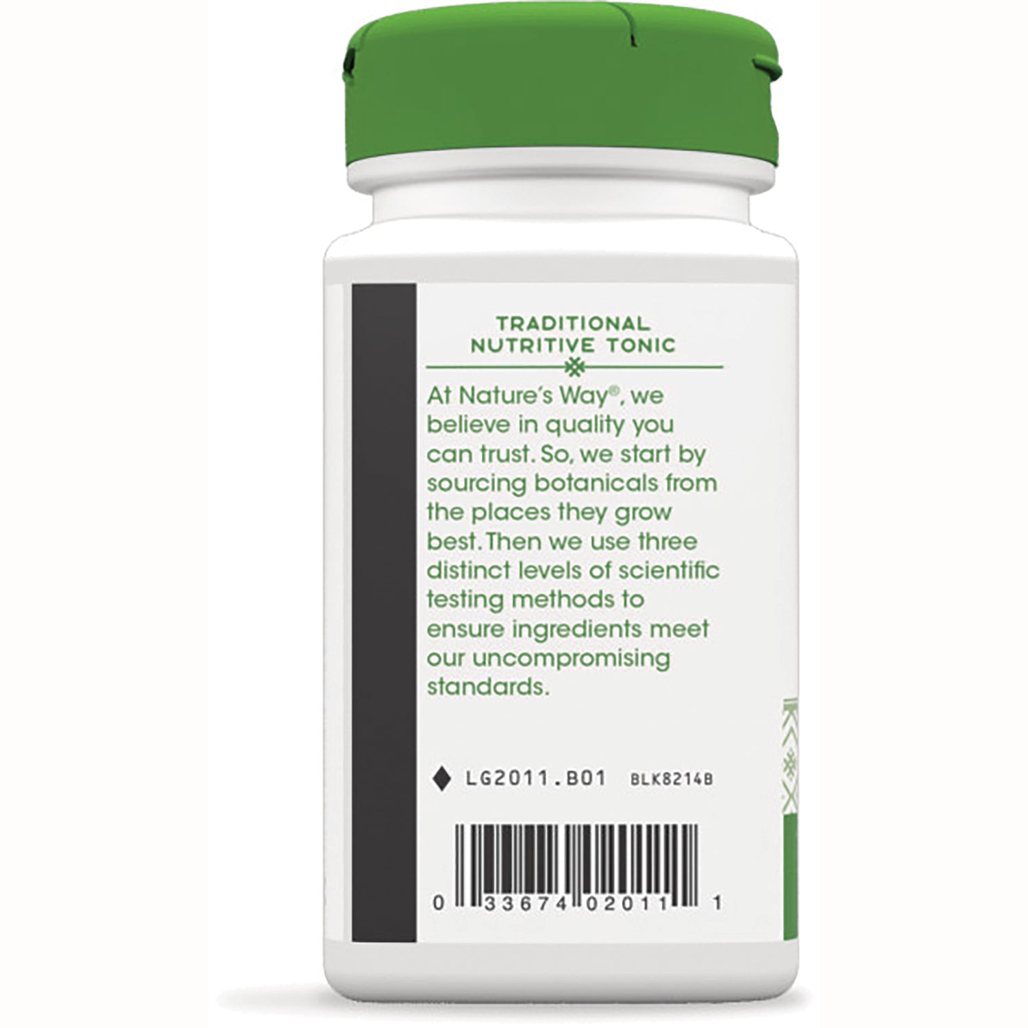 NW107 | Back label of white supplement bottle with green cap showing brand text and barcode