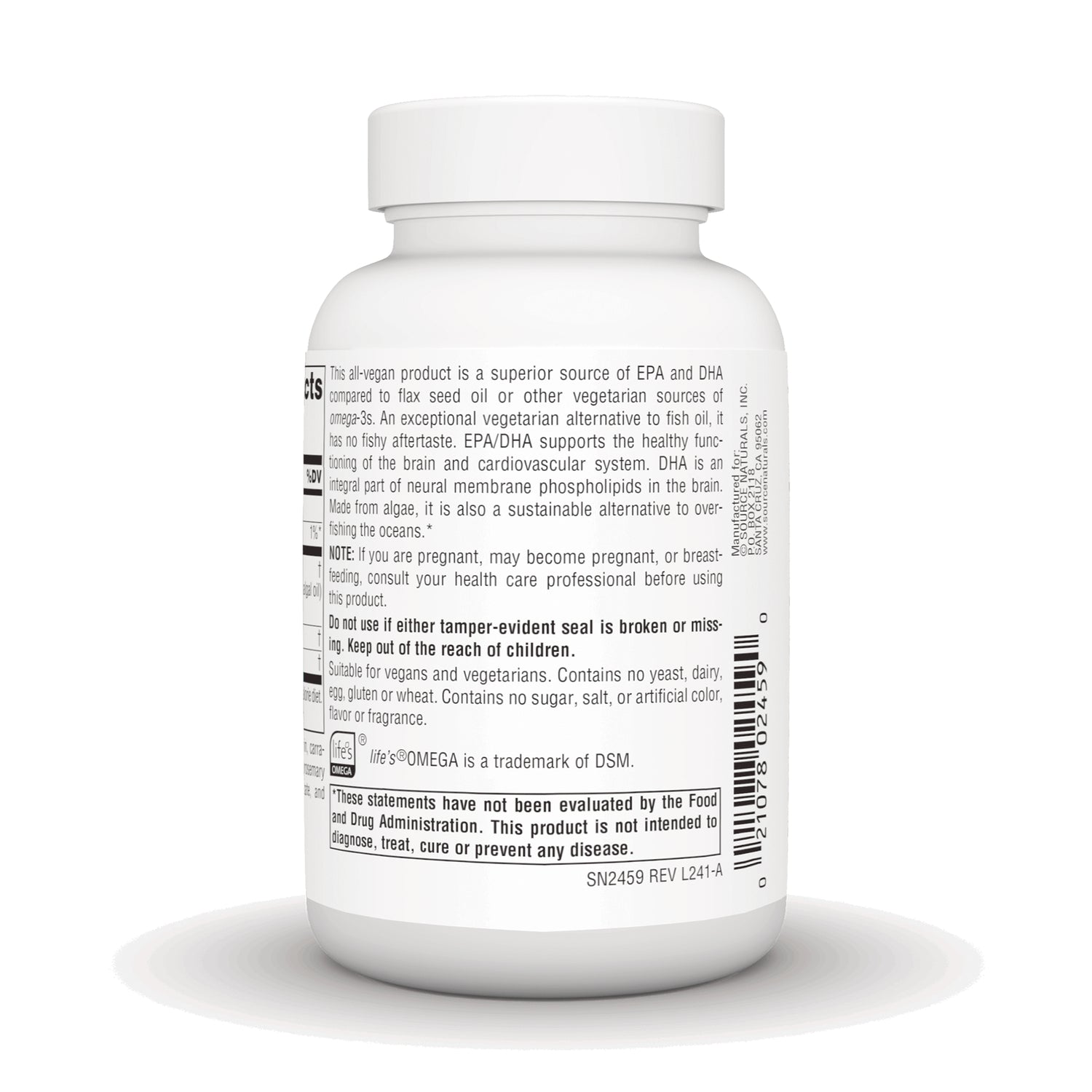 SN522 | Back label with supplement facts, warnings, and barcode on white bottle