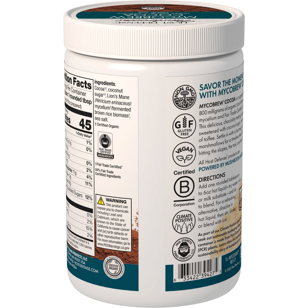 FUN017 | product infographic back label with directions text, mug icon, shredded mushroom and cocoa powder, barcode and USDA Organic badge - Thumbnail