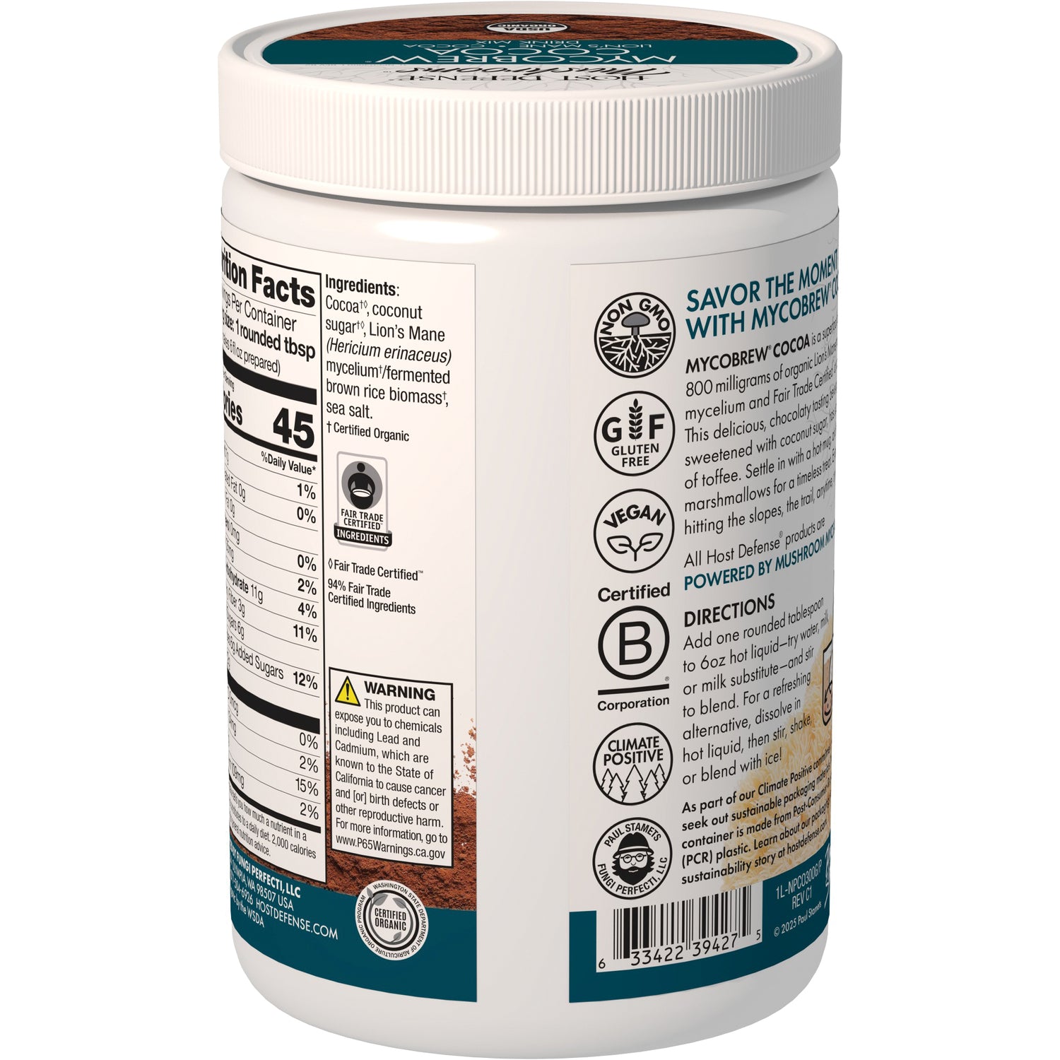 FUN017 | product infographic back label with directions text, mug icon, shredded mushroom and cocoa powder, barcode and USDA Organic badge