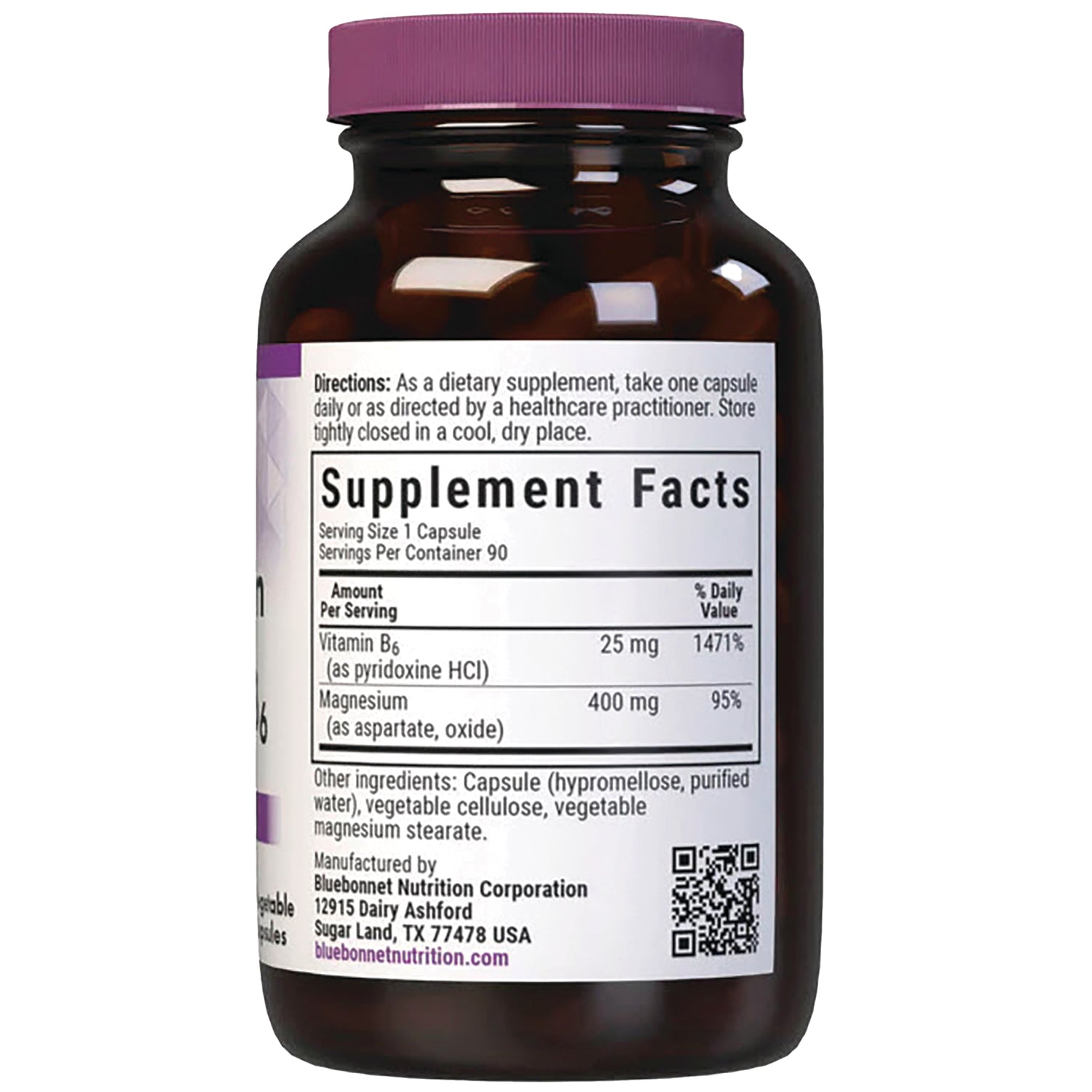 BLU099 | Back label with Supplement Facts panel listing serving size 1 capsule, Vitamin B6 25 mg, Magnesium 400 mg