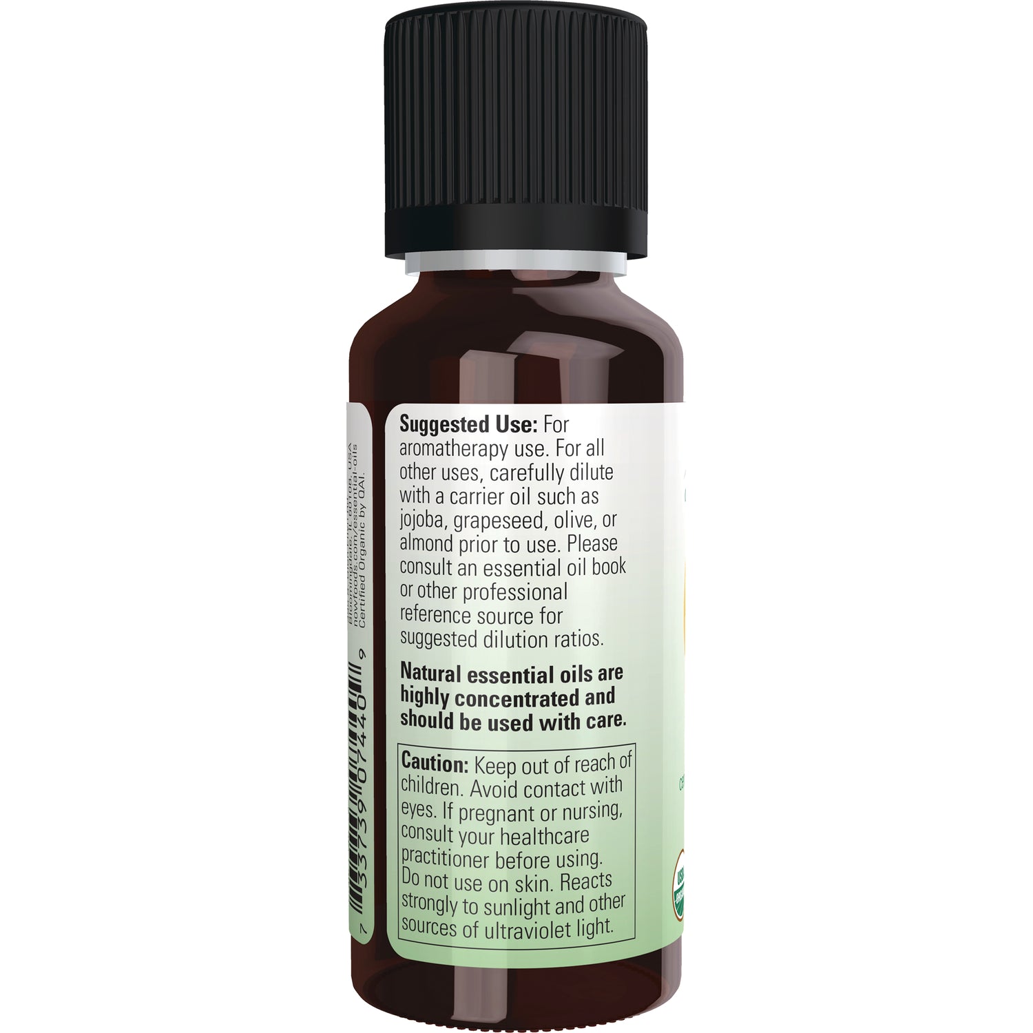 NWF624 | Back label of amber essential oil bottle showing Suggested Use and Caution text