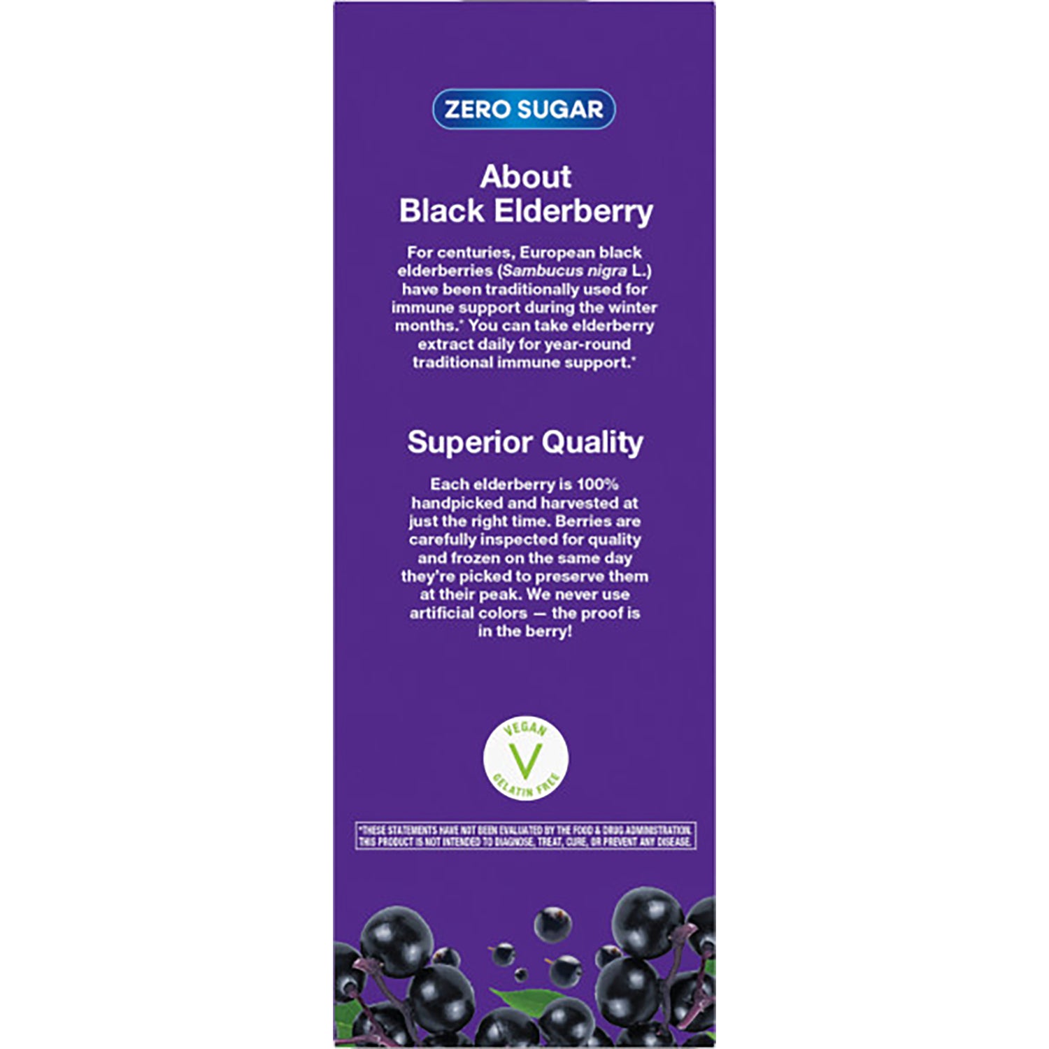 NW664 | Product infographic panel reading Daily Traditional Immune Support Syrup, zero sugar, elderberry antioxidant benefits
