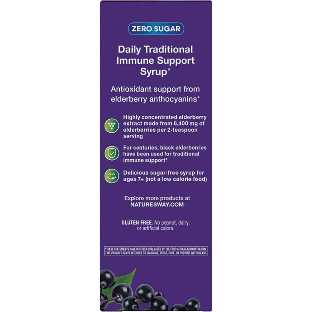 NW664 | Product infographic panel reading Daily Traditional Immune Support Syrup, zero sugar, elderberry antioxidant benefits - Thumbnail