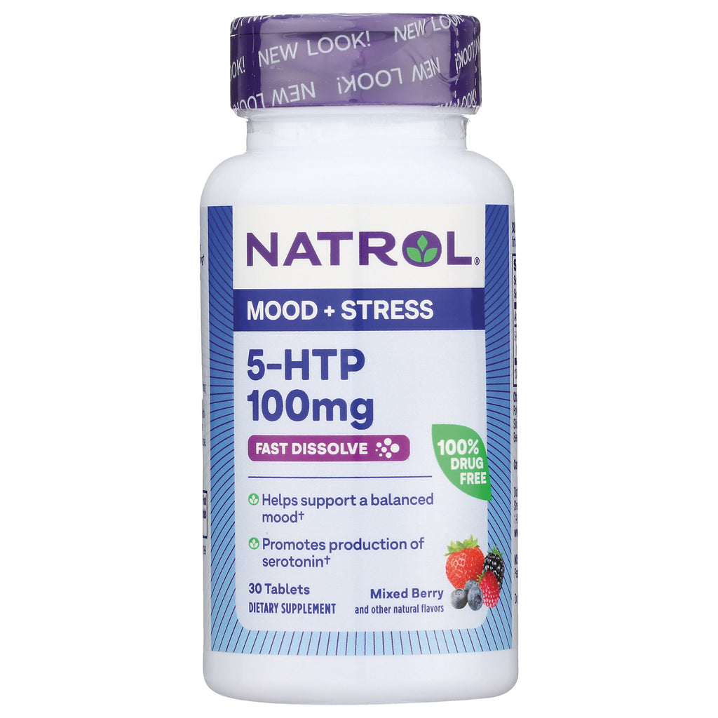 NA510 | Natrol Mood + Stress 5-HTP 100mg fast dissolve tablets, mixed berry, front label - Thumbnail