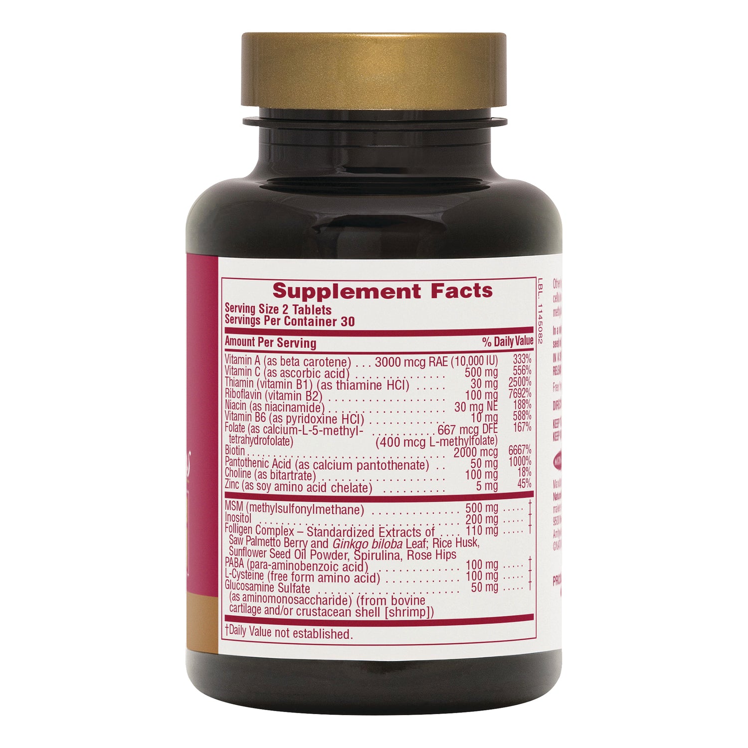 NTP102 | Supplement Facts panel for tablets with vitamins, minerals, and botanical ingredients