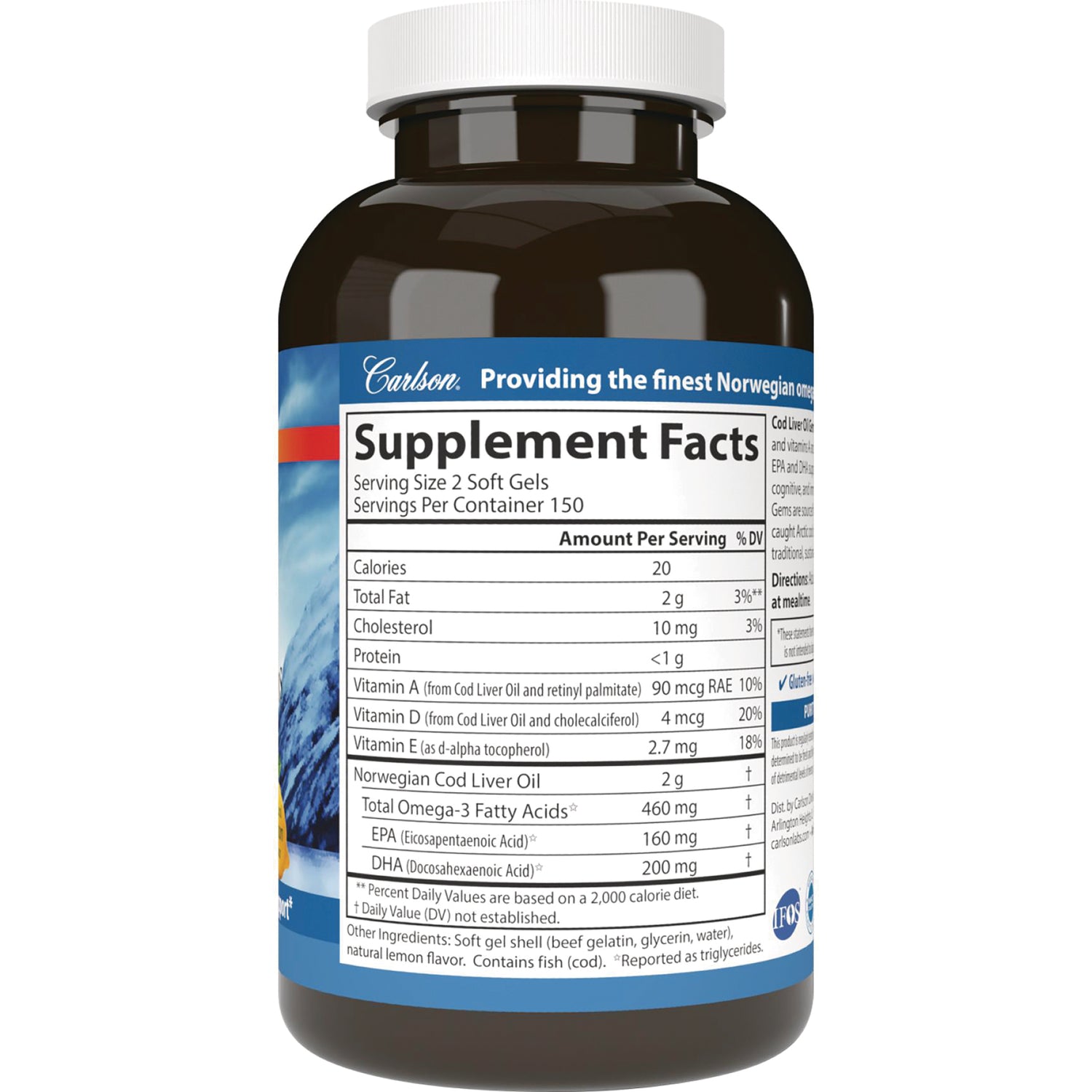 Back of brown supplement bottle showing Supplement Facts label with serving size and omega-3 amounts