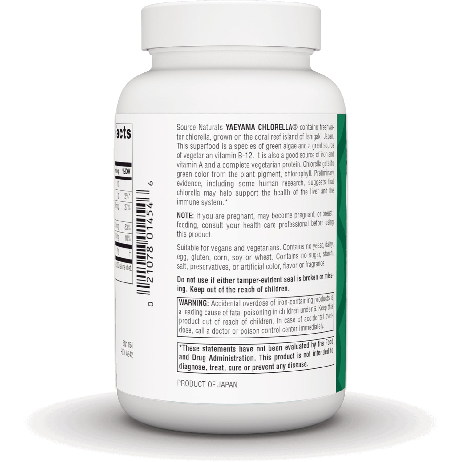 SN148 | Back label of white supplement bottle showing ingredients, warnings and barcode