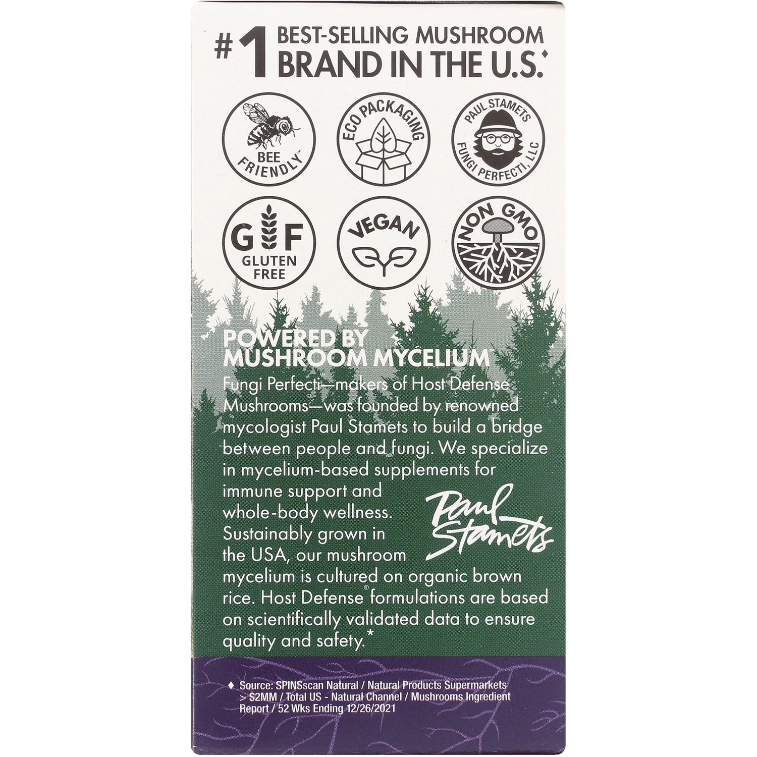 FUN025 | Back panel showing certification icons and text Powered by mushroom mycelium and a paragraph about Paul Stamets and mycelium supplements