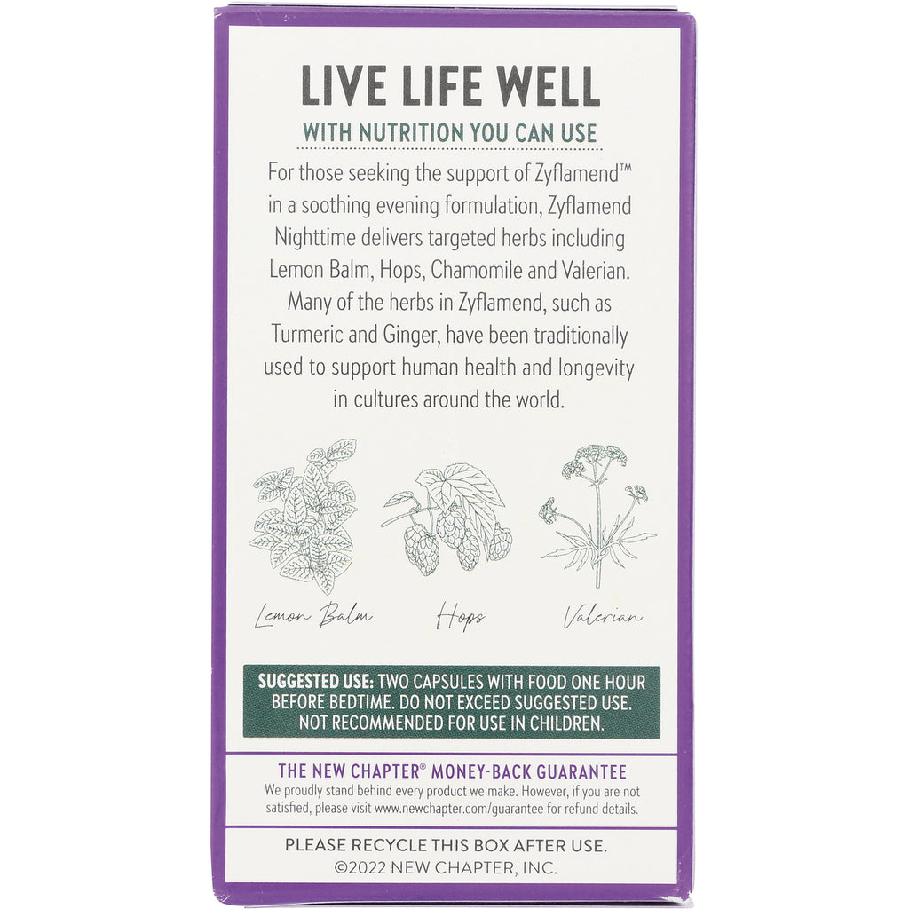 NWC281 | Back of purple New Chapter Zyflamend Nighttime box with product description, herb illustrations and suggested use - Thumbnail
