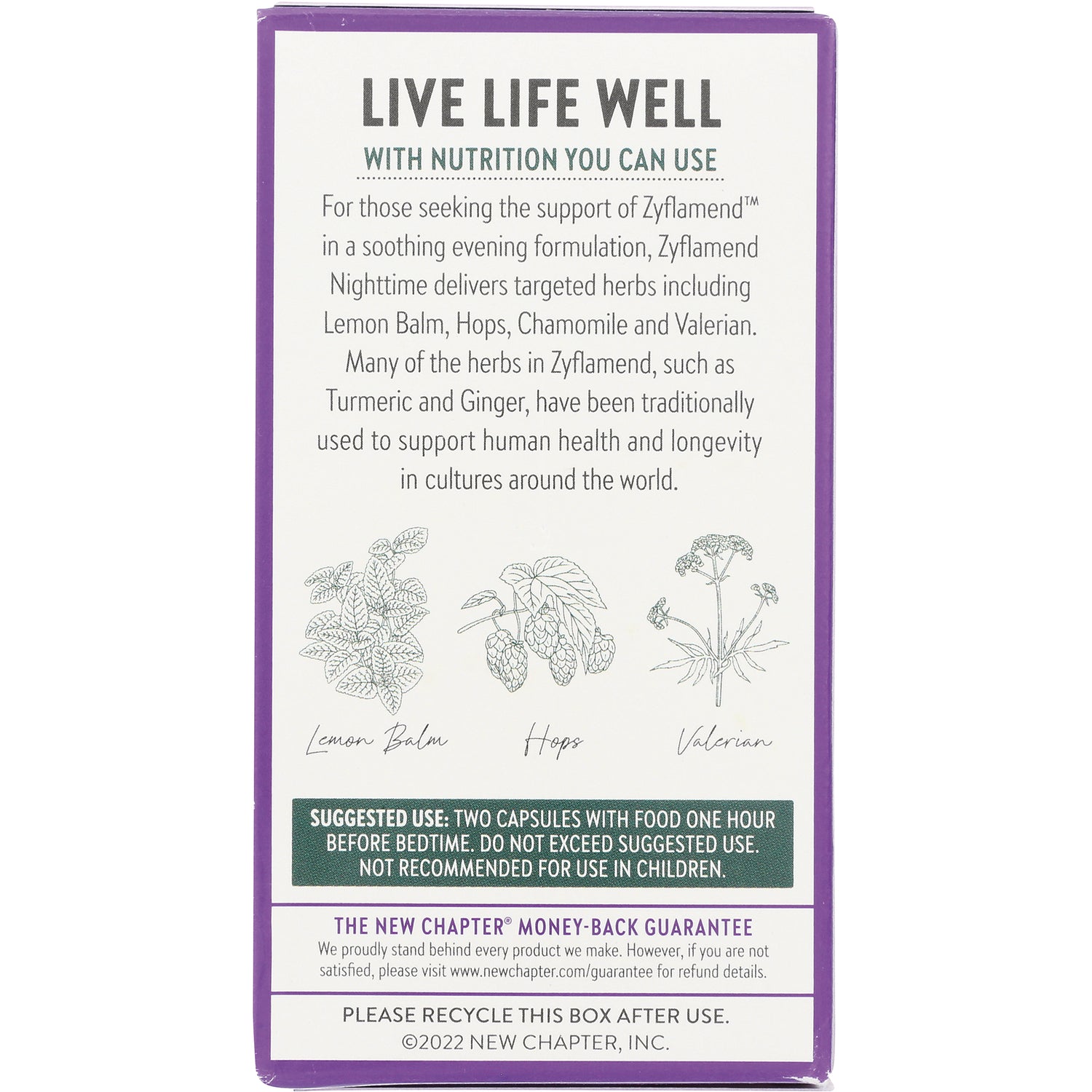 NWC281 | Back of purple New Chapter Zyflamend Nighttime box with product description, herb illustrations and suggested use