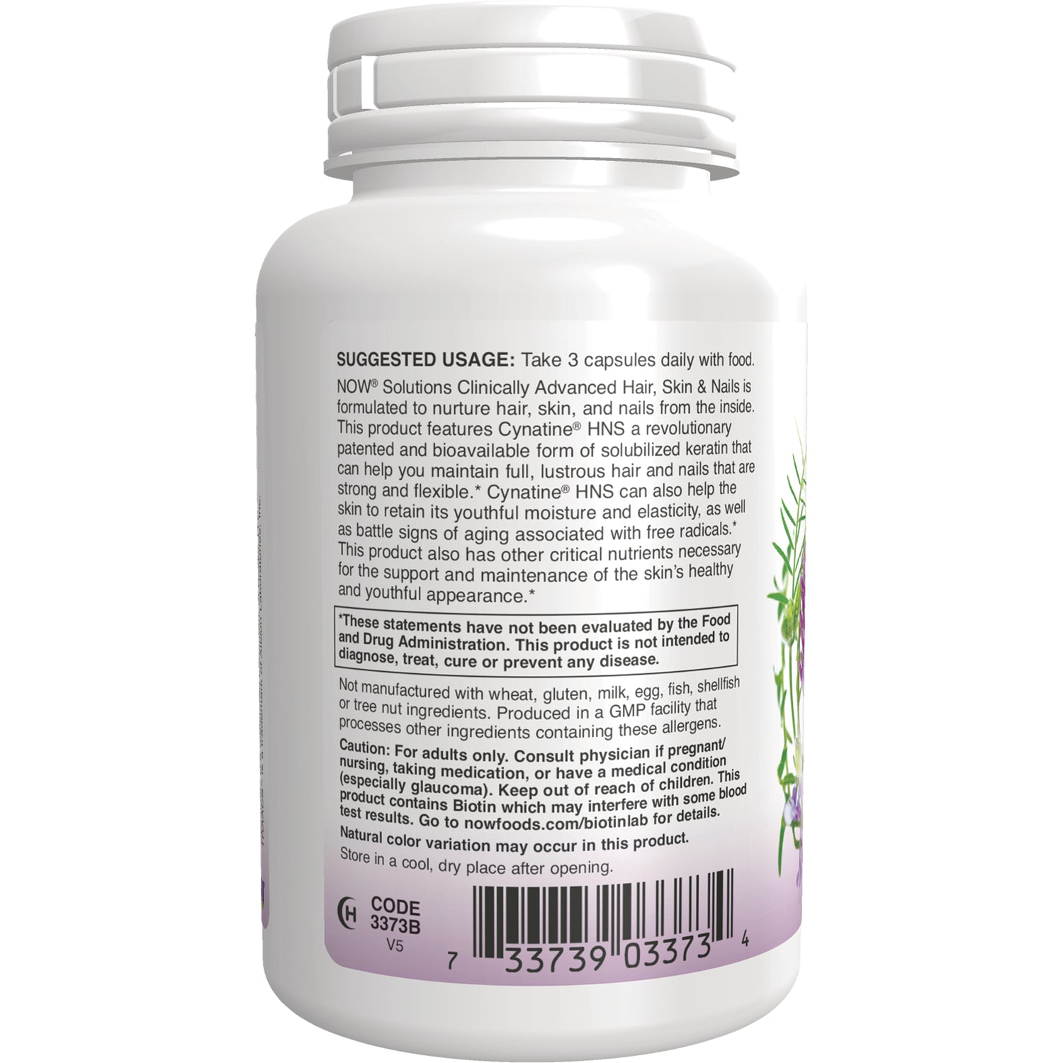 NWF1187 | Back of white supplement bottle showing suggested usage, warnings, ingredients text and barcode