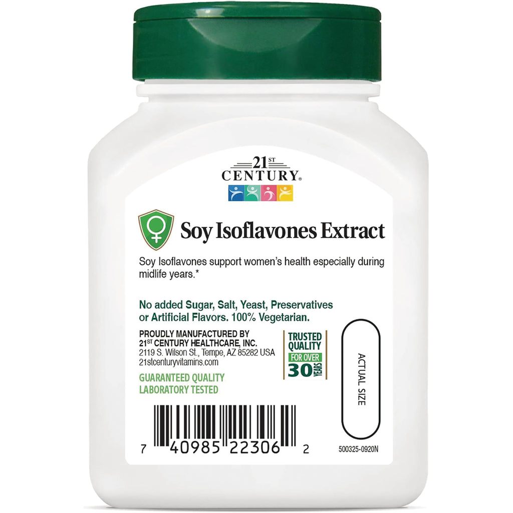 CNT154 | Soy Isoflavones Extract product infographic label showing supplement name benefits vegetarian claim barcode and actual size graphic - Thumbnail
