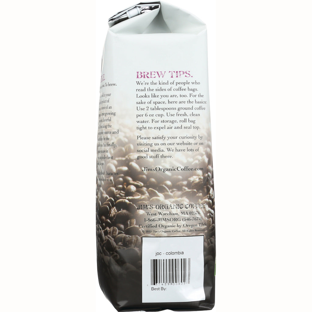 JOC001 | back of coffee bag showing brew tips, coffee beans background and barcode labeled joc - colombia - Thumbnail
