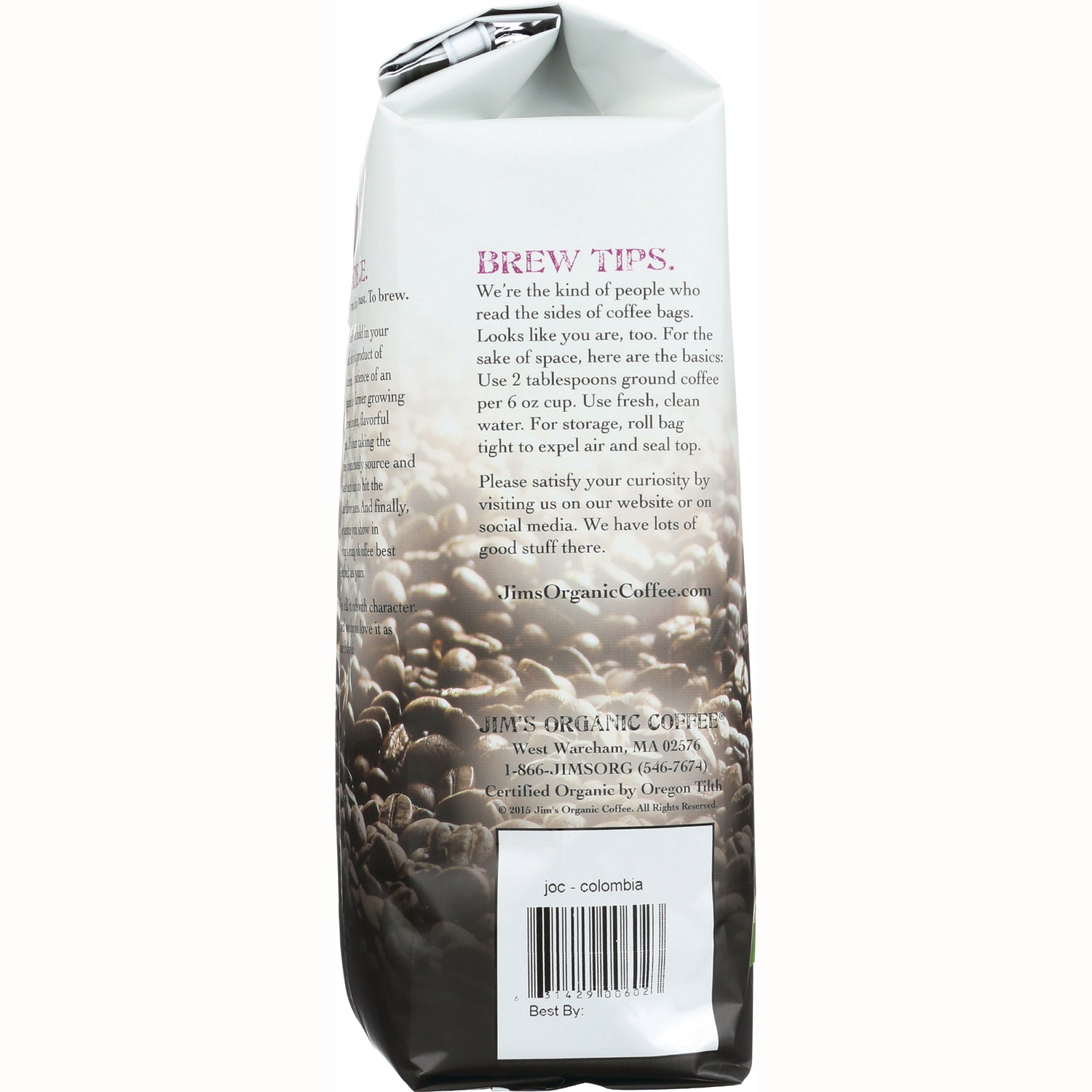 JOC001 | back of coffee bag showing brew tips, coffee beans background and barcode labeled joc - colombia