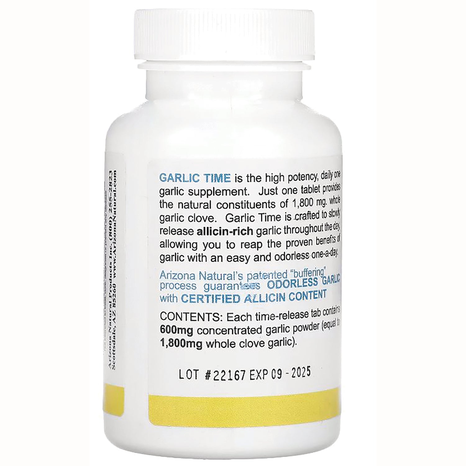 AN011 | Back label of white supplement bottle reading GARLIC TIME with lot #22167 EXP 09-2025