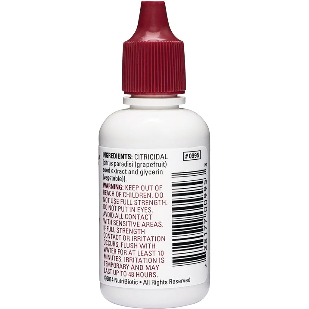 NUB016 | Back of white dropper bottle with red cap showing ingredients label reading INGREDIENTS: CITRICIDAL, warning text and barcode - Thumbnail