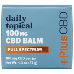 CV001 | Front of box labeled daily topical 100 mg CBD BALM full spectrum, Net Wt 1.3 oz (37 g)