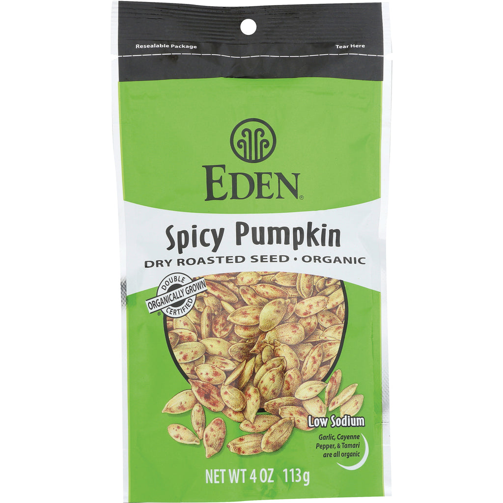 EDF029 | Eden Spicy Pumpkin dry roasted seed pouch, front view, green and white resealable package, net wt 4 oz - Thumbnail
