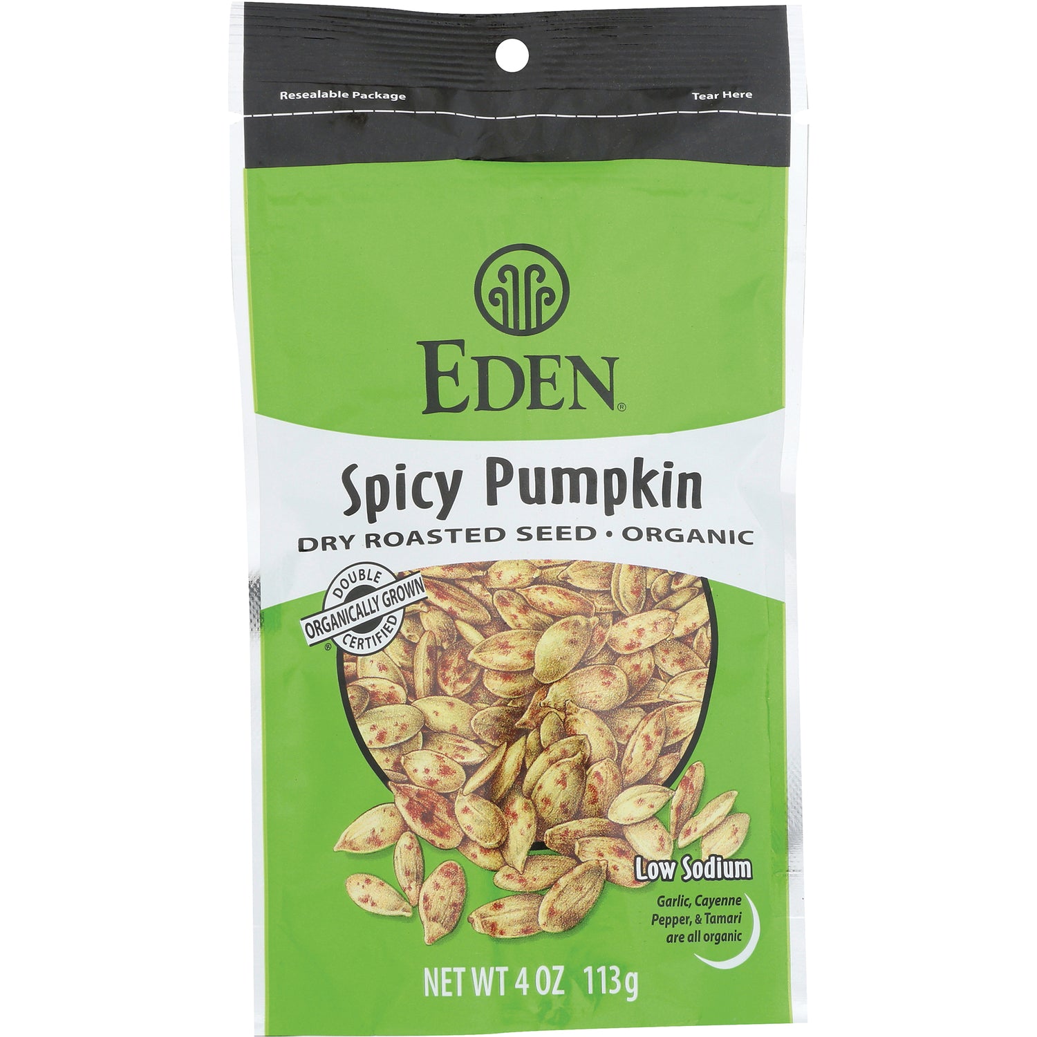 EDF029 | Eden Spicy Pumpkin dry roasted seed pouch, front view, green and white resealable package, net wt 4 oz