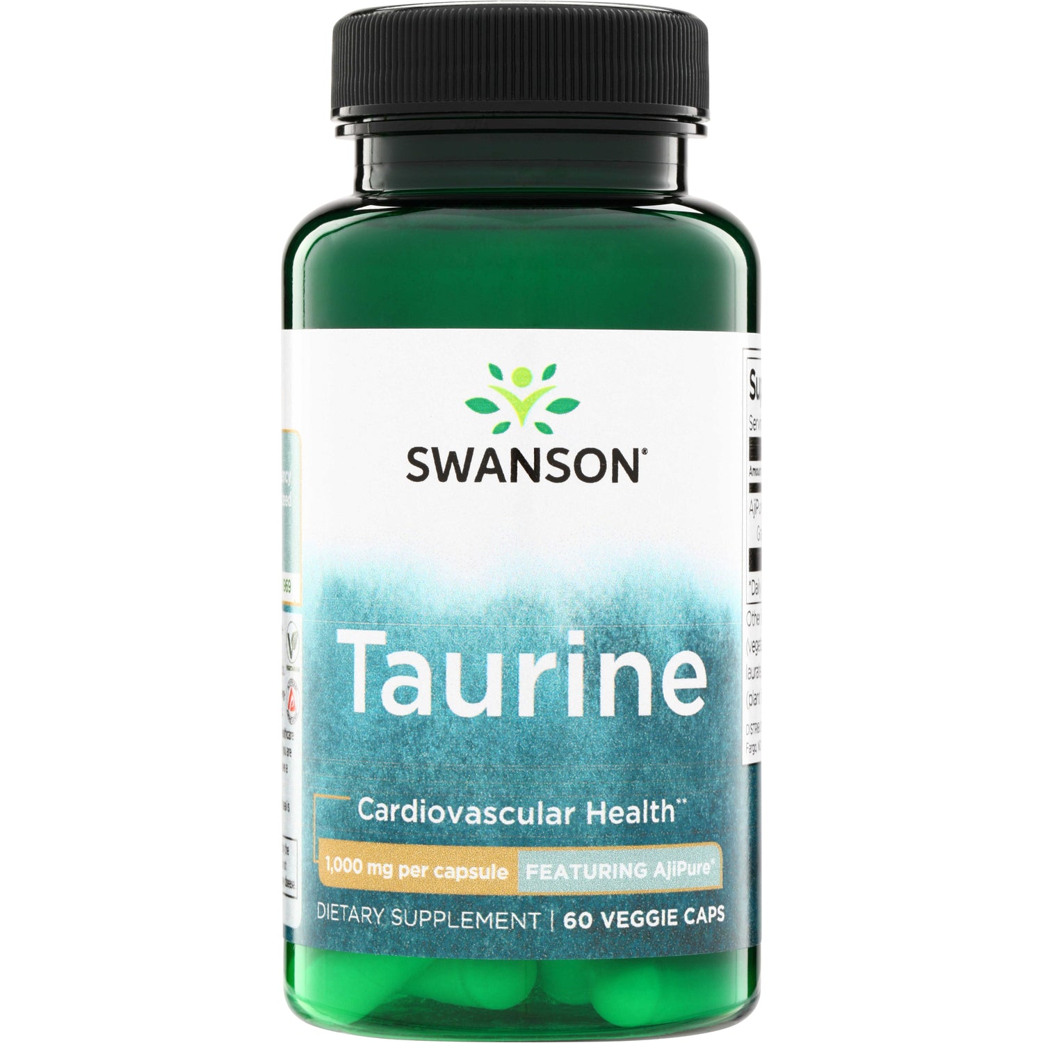 SWU736 | Swanson Taurine supplement bottle, 1,000 mg per capsule, 60 veggie caps, Cardiovascular Health