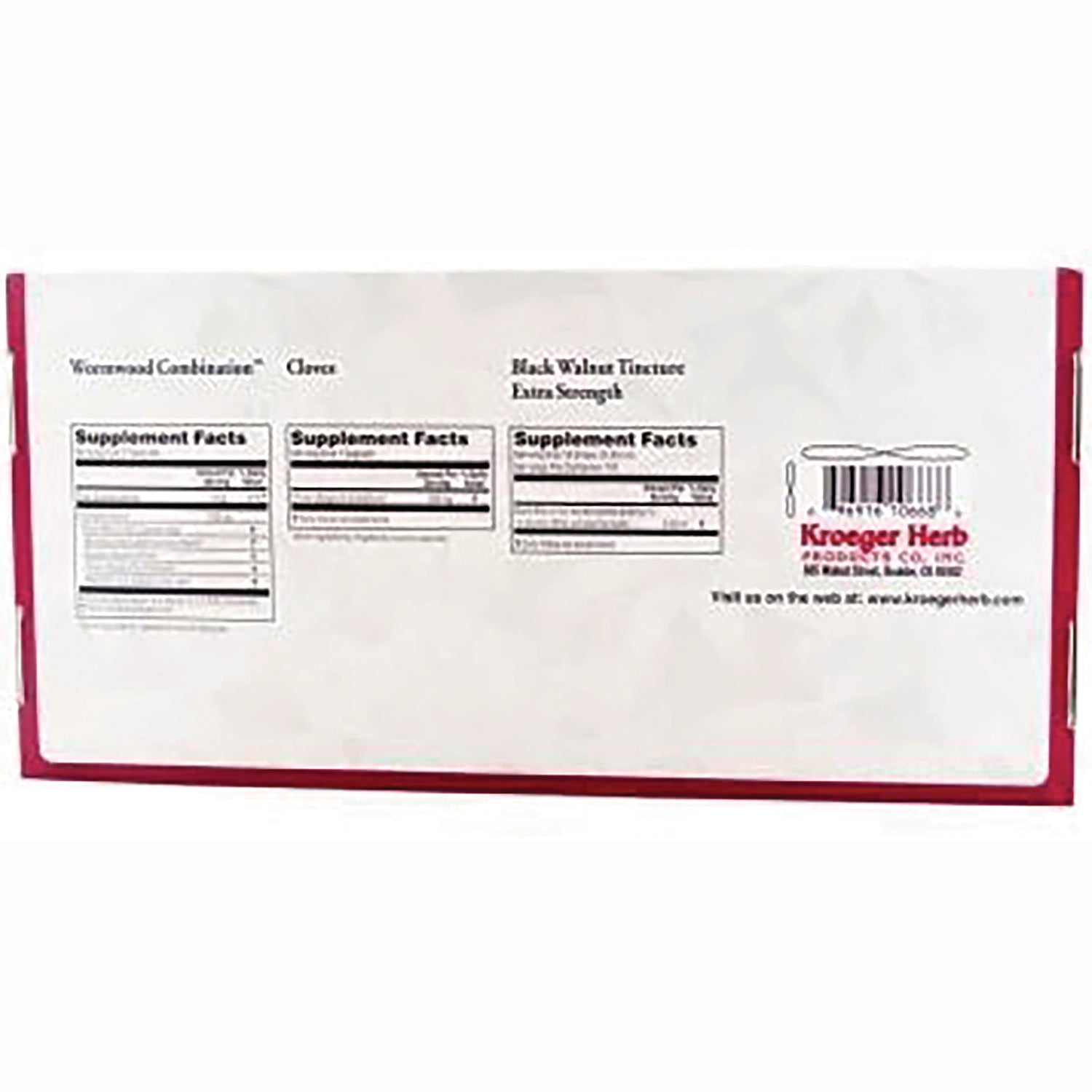 KRG011 | back of white and red supplement box showing three Supplement Facts panels, barcode and Kroeger Herb branding