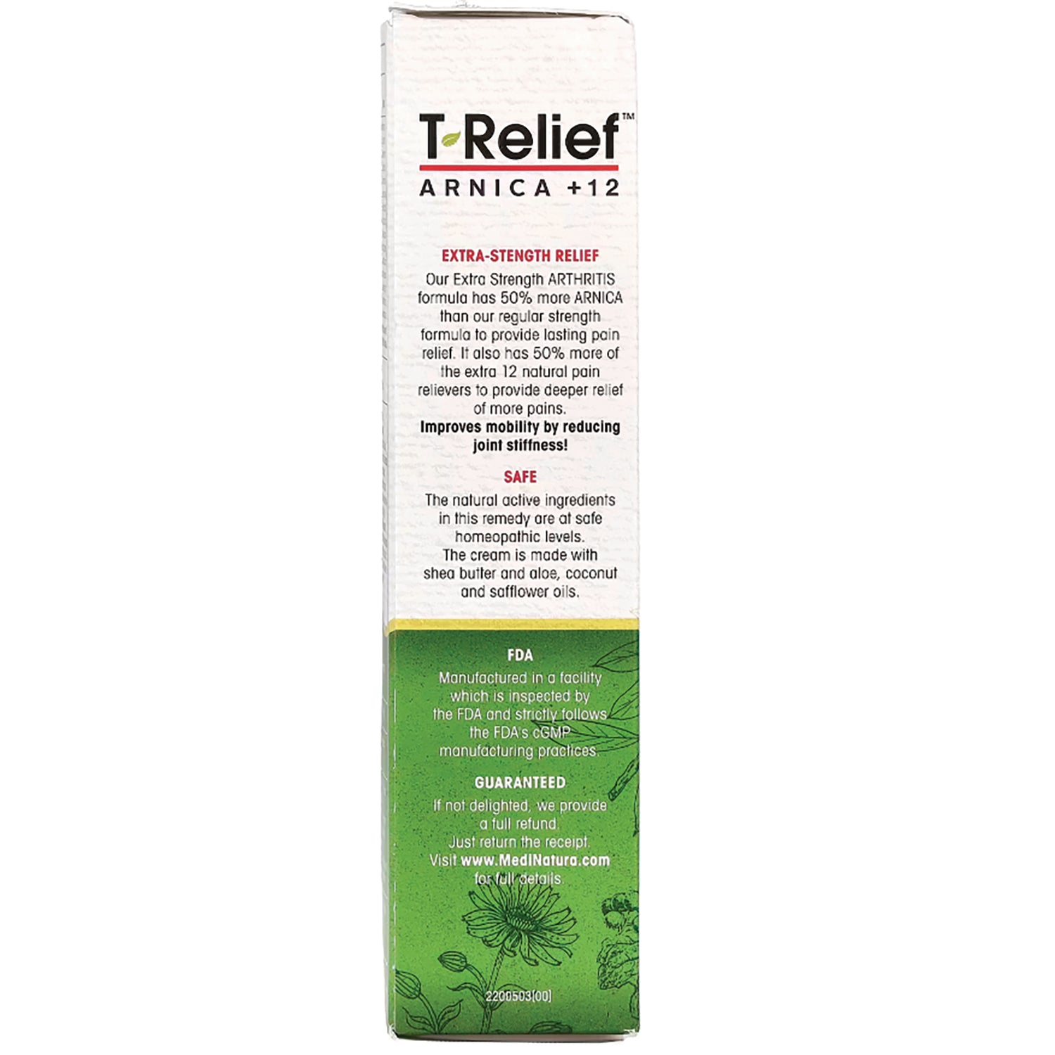 MNA028 | Back panel with T-Relief ARNICA +12 extra-strength relief text, safety, FDA inspection, and refund guarantee