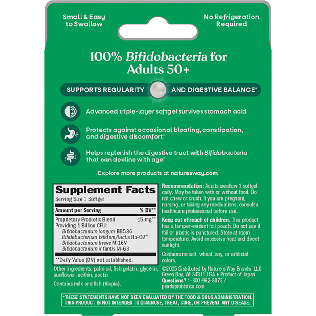 ET467 | Back of green supplement package showing '100% Bifidobacteria for Adults 50+', supplement facts panel, and directions - Thumbnail