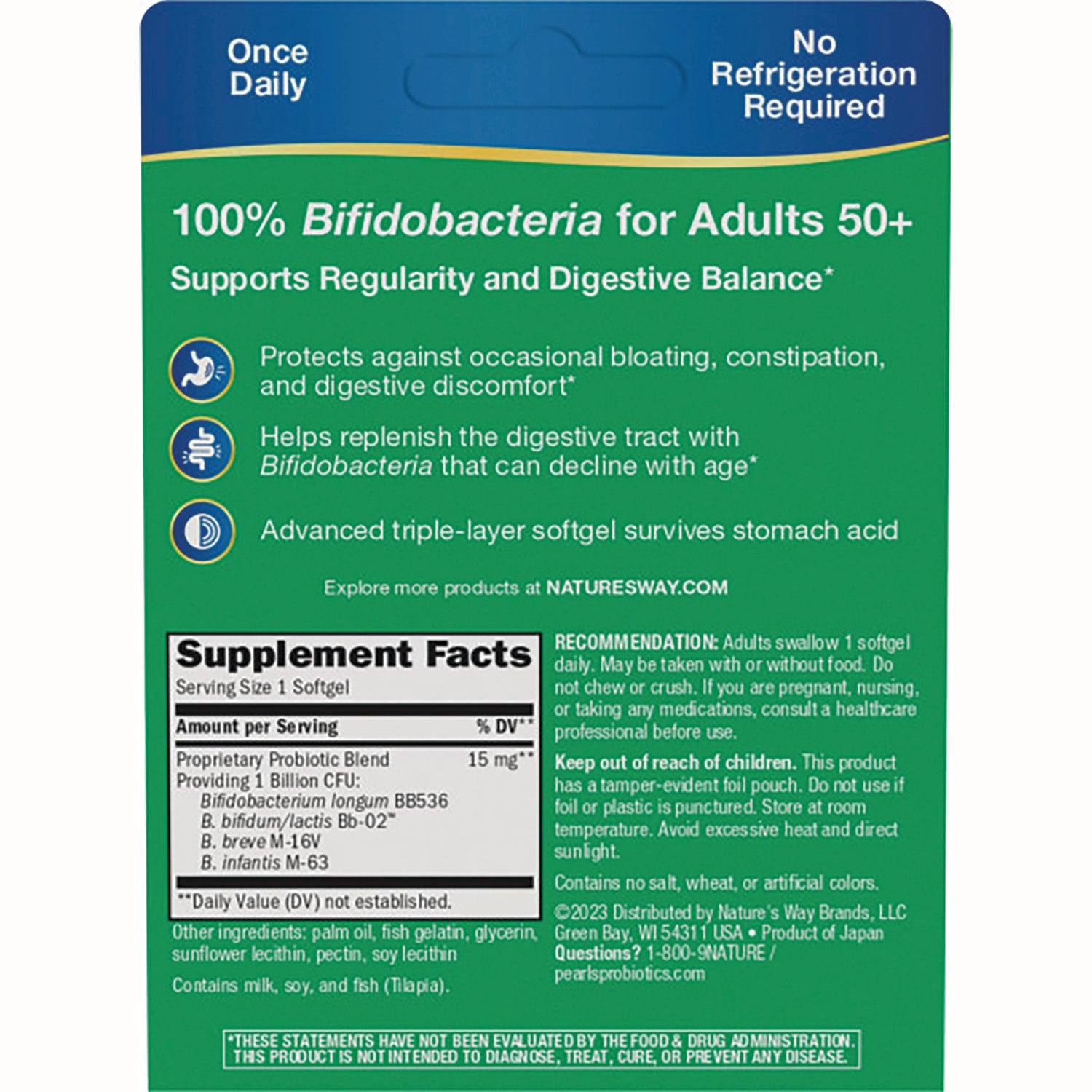 ET467 | Back of green supplement package showing '100% Bifidobacteria for Adults 50+', supplement facts panel, and directions