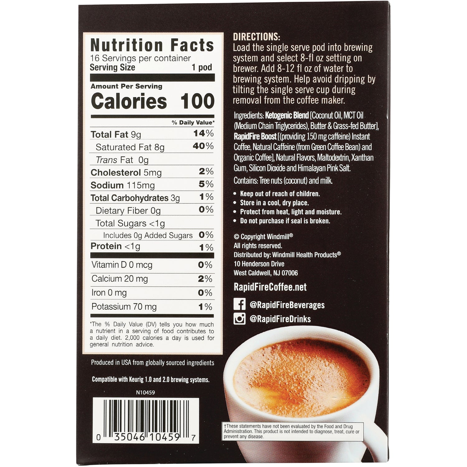 RPF005 | Back of coffee pod box showing Nutrition Facts panel, ingredients, directions, barcode and cup of coffee