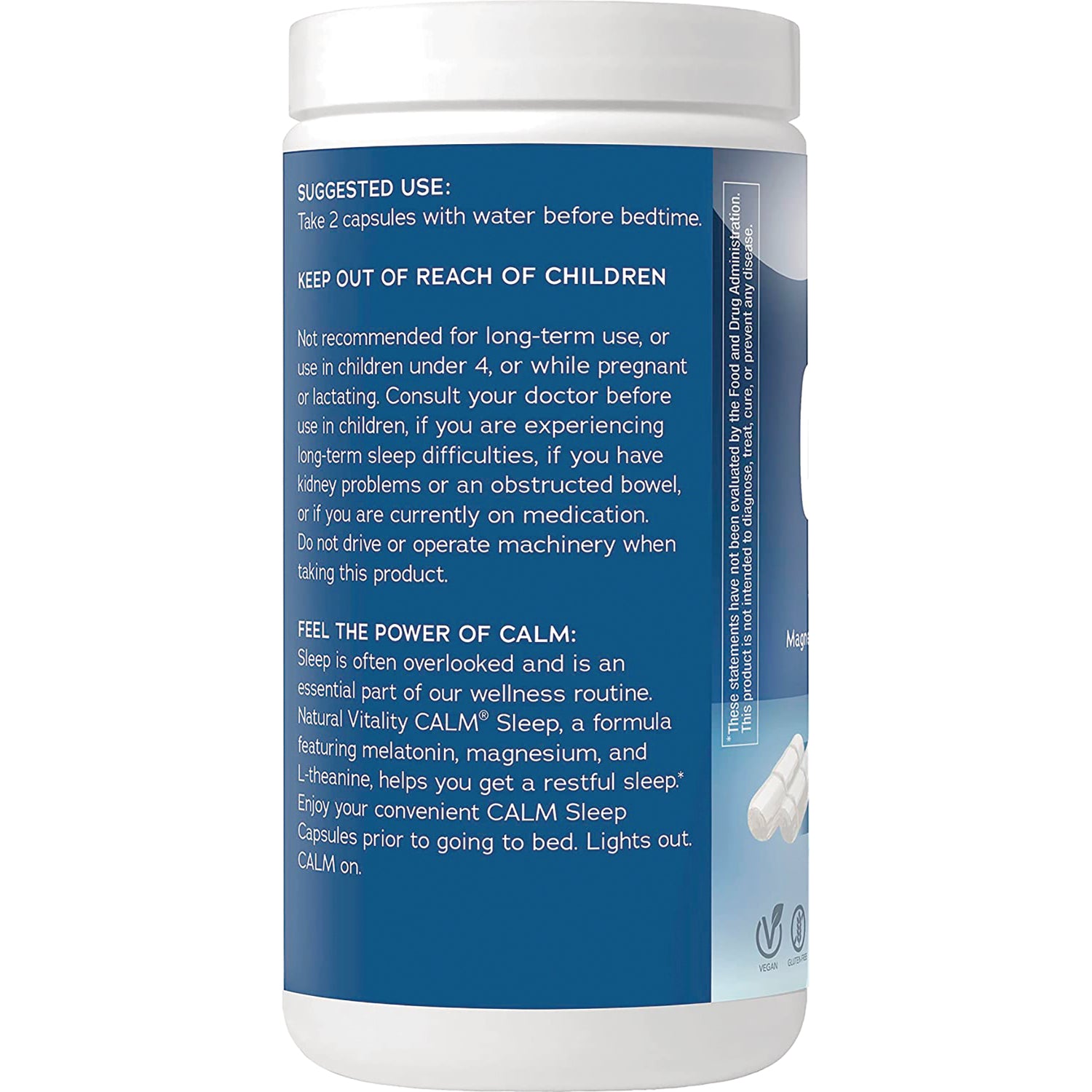 NVT057 | back label of blue supplement bottle showing suggested use, warnings, and capsule image