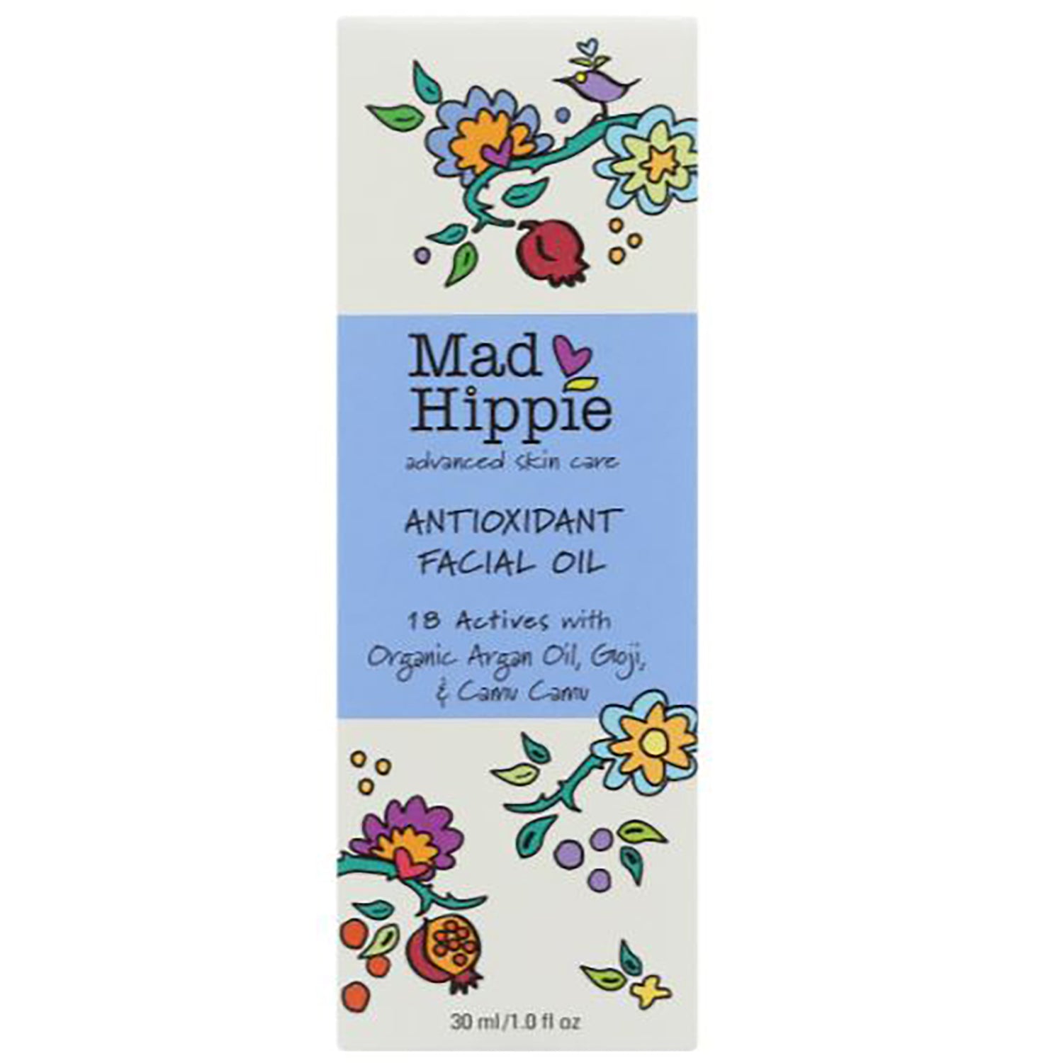 HIP014 | Mad Hippie Antioxidant Facial Oil box with floral illustrations and 30 ml label