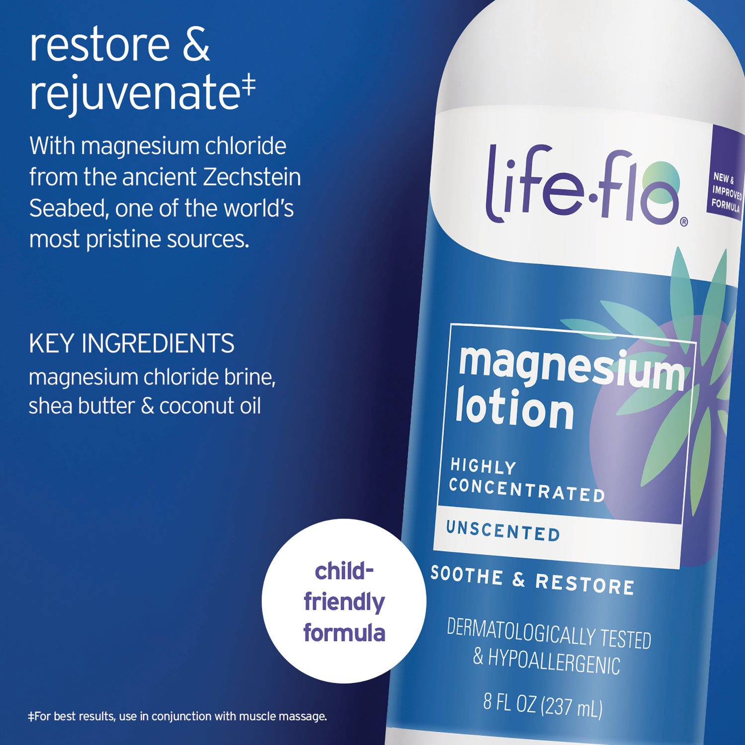 LFH086 | Life-flo magnesium lotion infographic with key ingredients and child-friendly formula callout