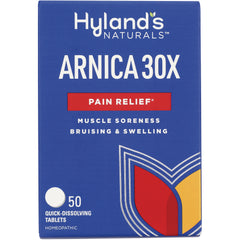 HY244 | Hyland's Naturals Arnica 30X front box showing pain relief label and 50 quick-dissolving tablets