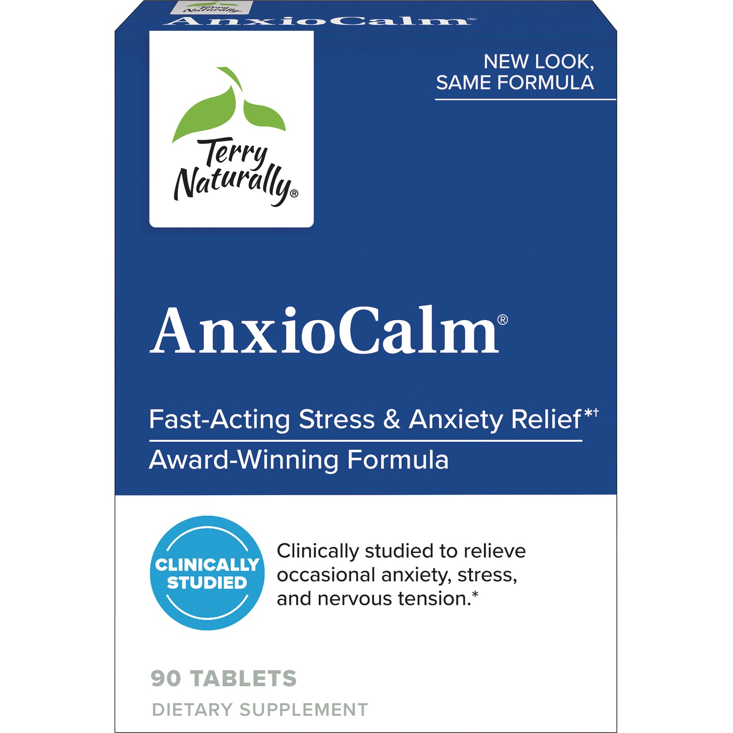 EUR064 | Terry Naturally AnxioCalm front box showing product name, clinically studied badge, fast-acting stress and anxiety relief, 90 tablets