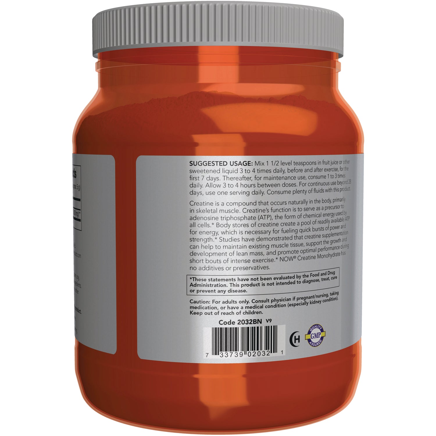 NWF876 | Back of orange supplement jar showing suggested usage text, small disclaimer box and barcode