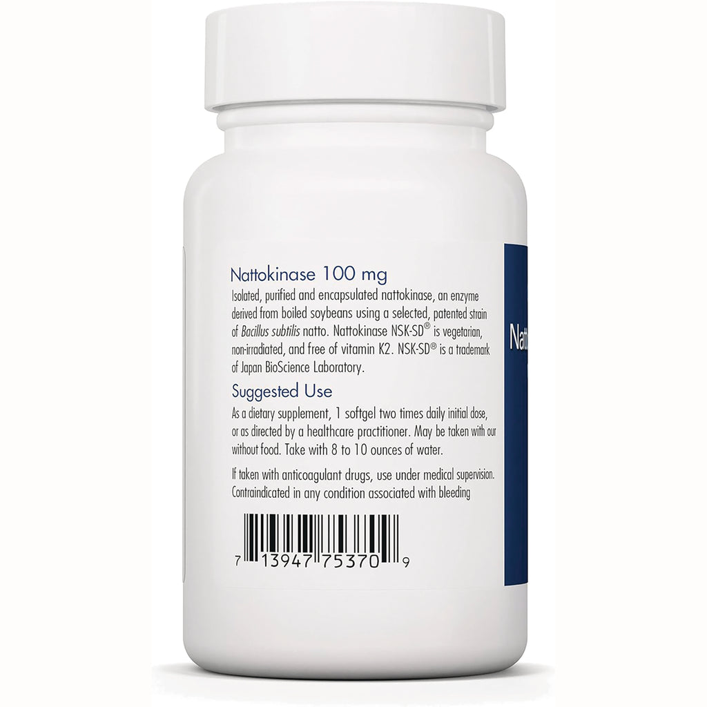 ARG010 | Back label of white supplement bottle showing Nattokinase 100 mg, suggested use text and barcode - Thumbnail