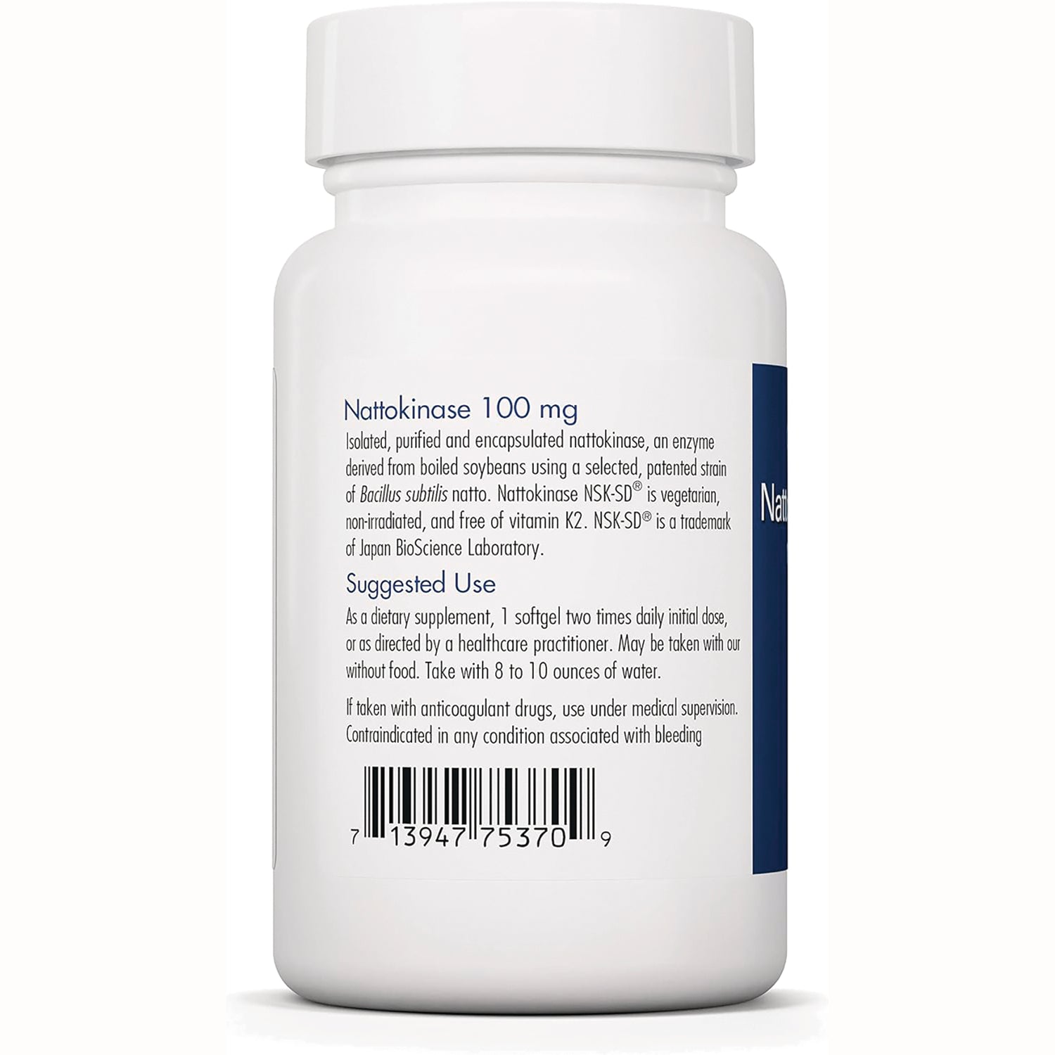 ARG010 | Back label of white supplement bottle showing Nattokinase 100 mg, suggested use text and barcode