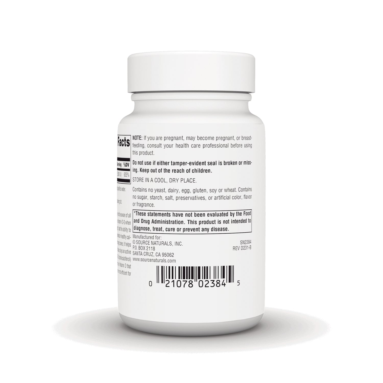 SN631 | Back label of Source Naturals supplement bottle with directions, warnings, ingredients and barcode