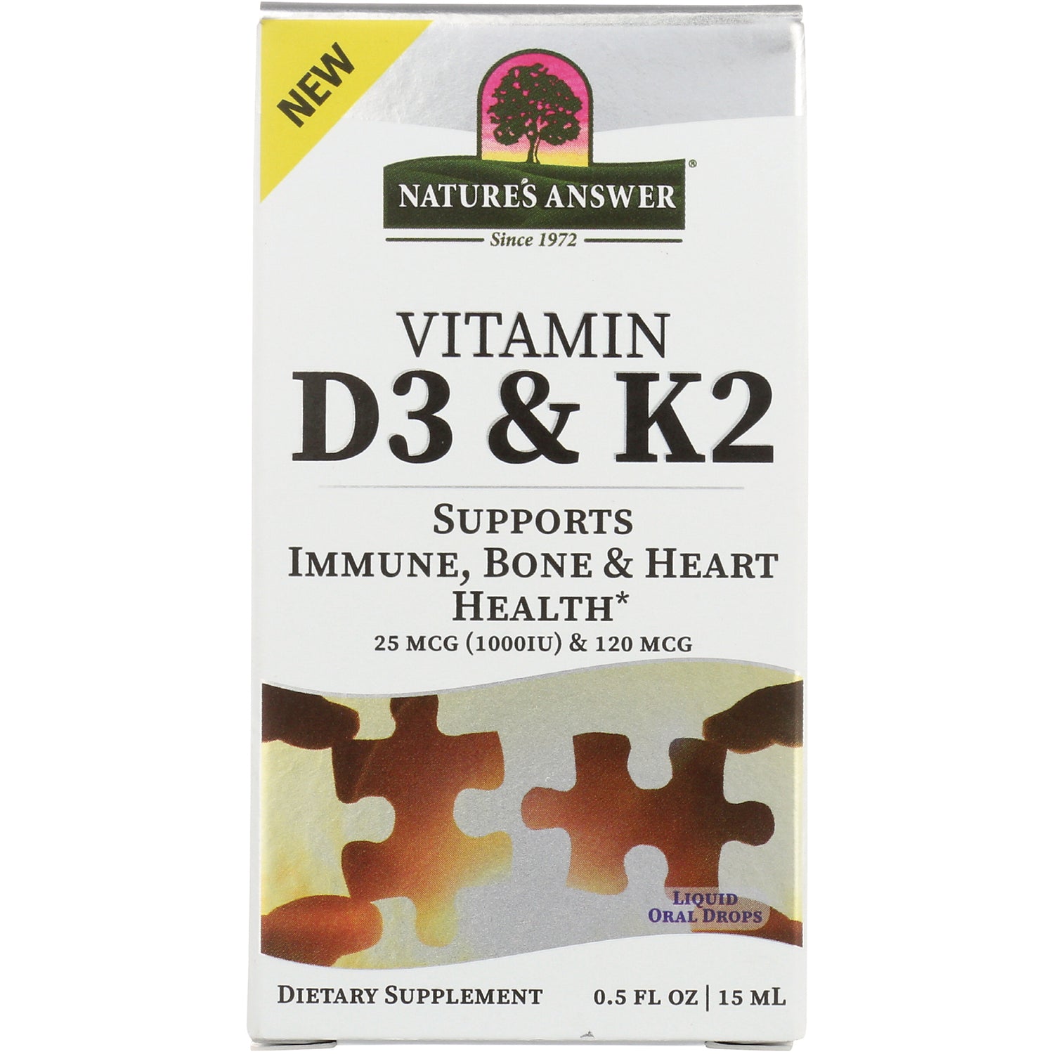 NAT407 | Nature's Answer Vitamin D3 & K2 liquid oral drops box, supports immune, bone and heart health 0.5 fl oz